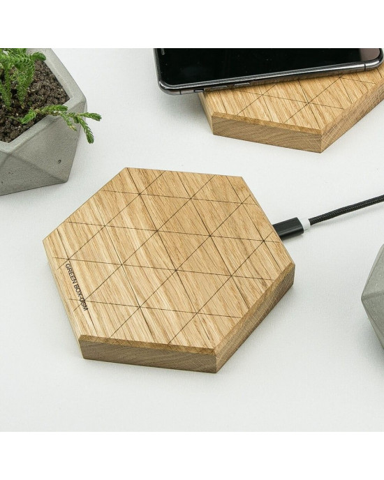 Incarcator Wireless GreenBoxGsm Hexagon Subtire Qi 15W din Lemn de Stejar Incarcator Wireless GreenBoxGsm Hexagon Subtire Qi 15W din Lemn de Stejar