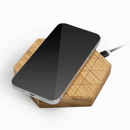 Incarcator Wireless GreenBoxGsm Hexagon Subtire Qi 15W din Lemn de Stejar