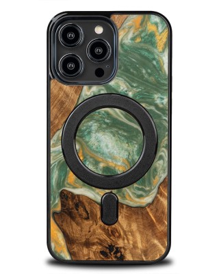 Husa BeWood Lemn Natural si Rasina, Unicat, Iphone 15 Pro Max -Verde- Apa