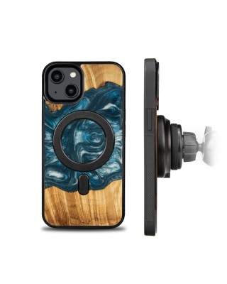 Husa BeWood Lemn Natural si Rasina, Unicat, Iphone 15 -Albastru-Aer