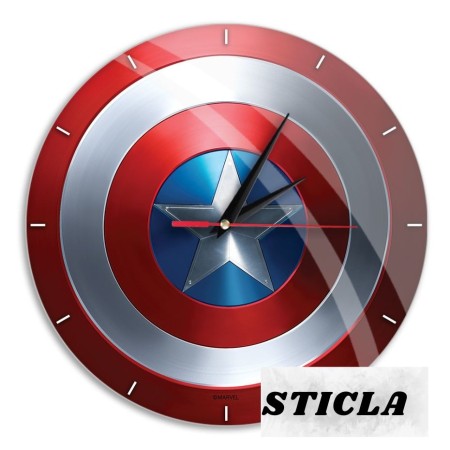 Ceas de Perete Captain America Scut din Sticla - Design Premium, Licenta Oficiala Marvel, Cadoul Perfect pentru Fanii Avengers