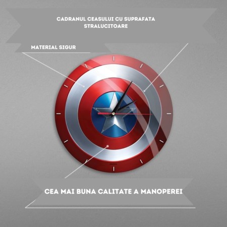 Ceas de Perete Captain America Scut din Sticla - Design Premium, Licenta Oficiala Marvel, Cadoul Perfect pentru Fanii Avengers Ceas de Perete Captain America Scut din Sticla - Design Premium, Licenta Oficiala Marvel, Cadoul Perfect pentru Fanii Avengers