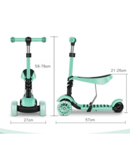 Trotineta Multifunctionala pentru Copii 2-in-1 cu Scaun – Reglabil,Verde, Sigur și Ușor de Transportat