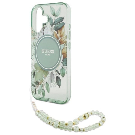 Husa Guess Iphone 16 Flowers cu Snur de Perle -Verde Husa Guess Iphone 16 Flowers cu Snur de Perle -Verde