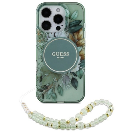 Husa Guess Iphone 16 Pro Flowers cu Snur de Perle -Verde Husa Guess Iphone 16 Pro Flowers cu Snur de Perle -Verde