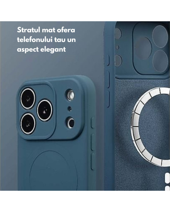 Husă Silicon Premium Catifelat MagSafe Iphone 17 Pro Max -Albastru Husă silicon albastră compatibilă MagSafe pentru iPhone 17 Pro Max
