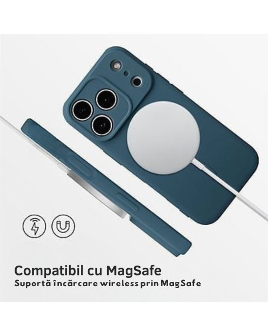 Husă Silicon Premium Catifelat MagSafe Iphone 17 Pro Max -Albastru Husă silicon albastră compatibilă MagSafe pentru iPhone 17 Pro Max