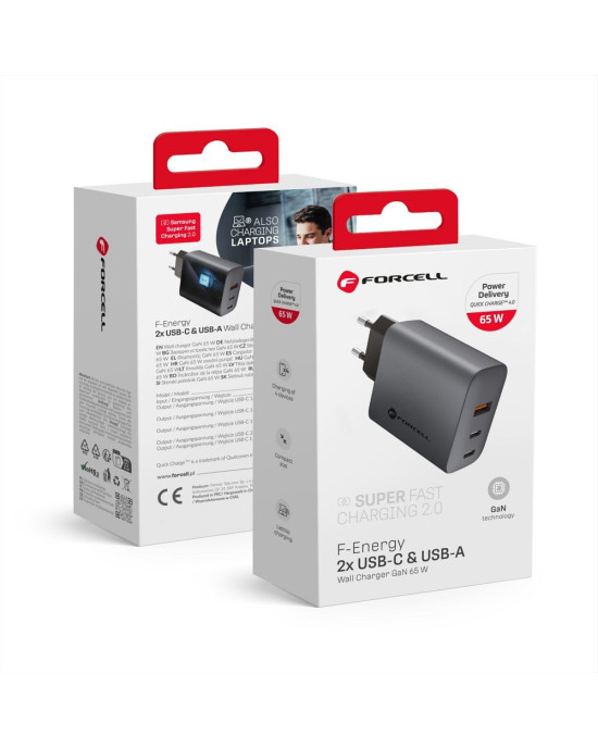 Încărcător GaN 65W Forcell F-Energy cu 3 porturi USB-C și USB-A