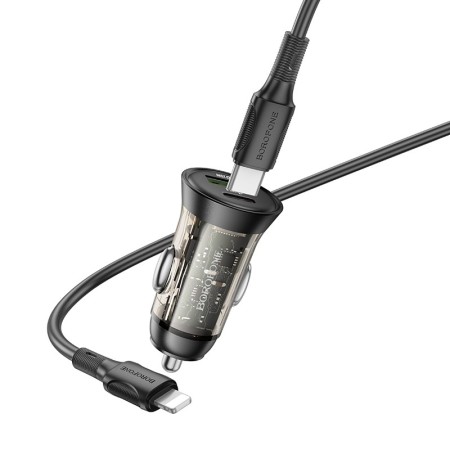 Incarcator Auto Borofone BZ26A Shadow USB + TYPE C - PD 43W 3A +Cablu 1USB Type C-Lightning Fast - Transparent Incarcator Auto Borofone BZ26A Shadow USB + TYPE C - PD 43W 3A +Cablu 1USB Type C-Lightning Fast - Transparent